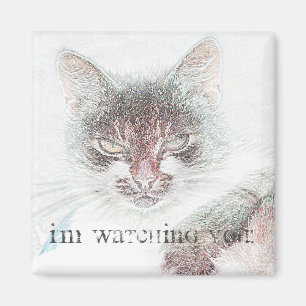 Cute Angry Funky Cat Face Sketch Magnet