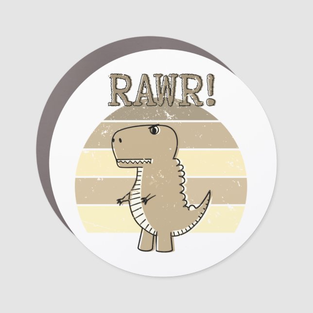 Cute Angry Sepia Cartoon T-Rex Dinosaur Sunset Car Magnet (Front)