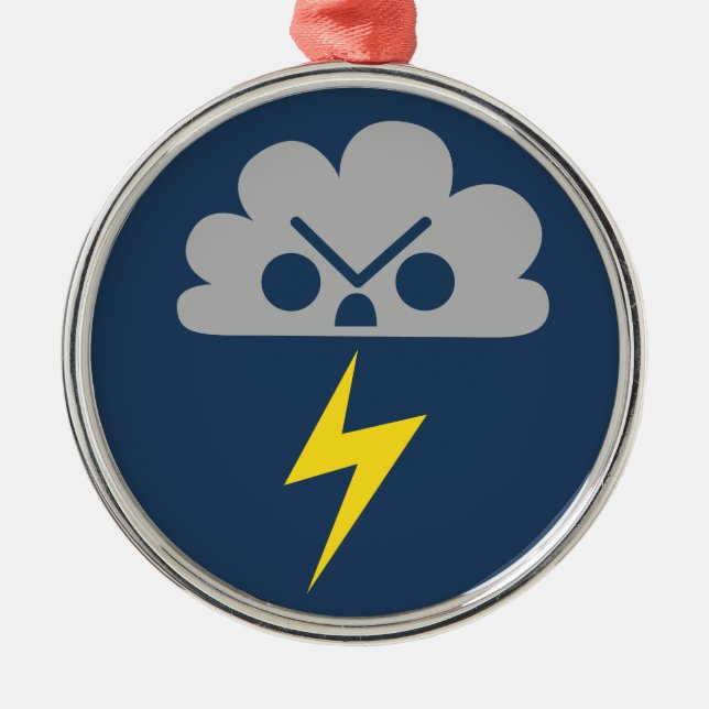 Cute Angry Storm Cloud with Lightning Bolt Metal Ornament (Front)