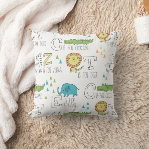 Cute Animal Alphabet Letter Pattern Throw Pillow
