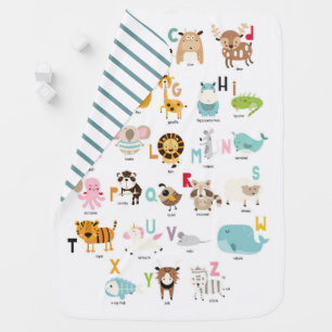 Cute Animal Alphabet Turquoise Stripes Baby Blanket