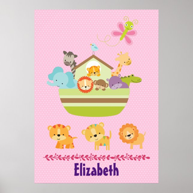 Cute Animal Ark on Pink Polka Dots Nursery Style Poster (Front)