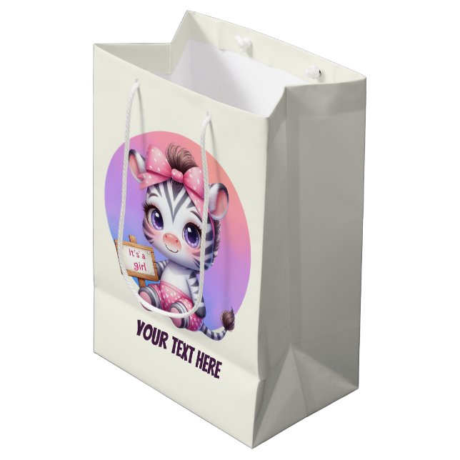 Cute animal baby girl customizable zebra medium gift bag (Front Angled)