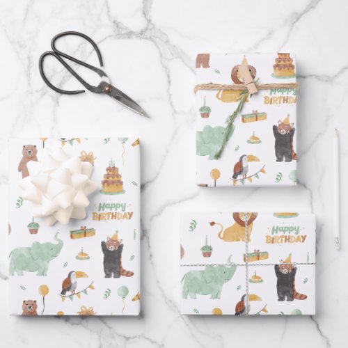 Cute Animal Birthday Party Pattern Wrapping Paper Sheets