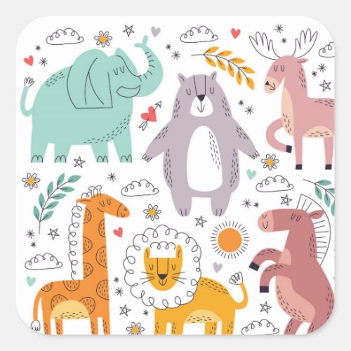 Cute Animal Cartoon Collection Square Sticker