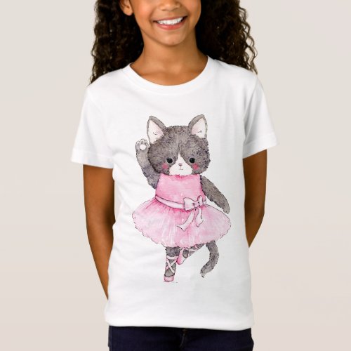Cute Animal Cat Ballerina Watercolor T_Shirt