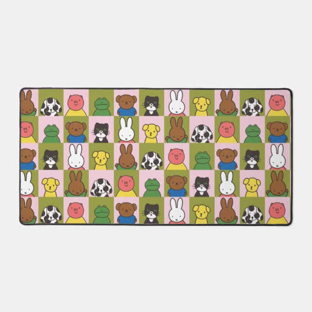 Cute Animal Character Pattern in Colorful Grid Desk Mat (Front)