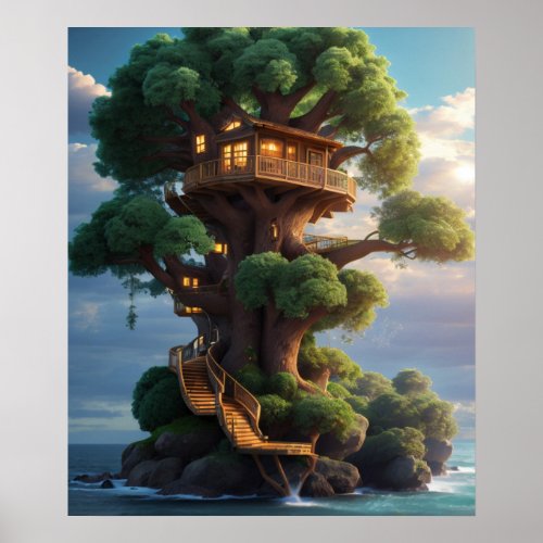 Cute Animal Characters A majestic tree house Poster