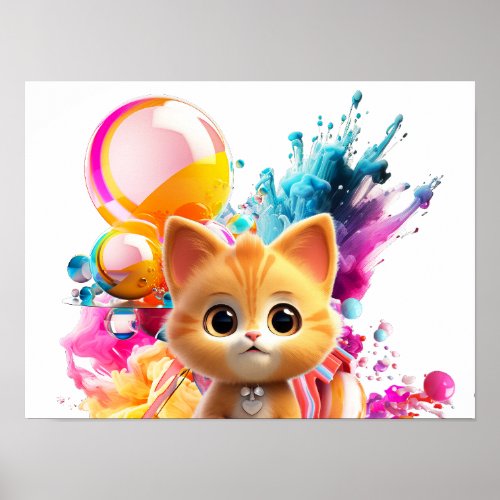 Cute Animal Characters Art 1 _kitten with Abstract Poster
