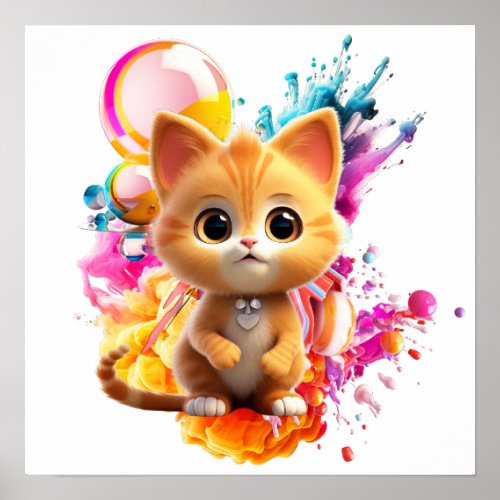 Cute Animal Characters Art 1 _kitten with Abstract Poster