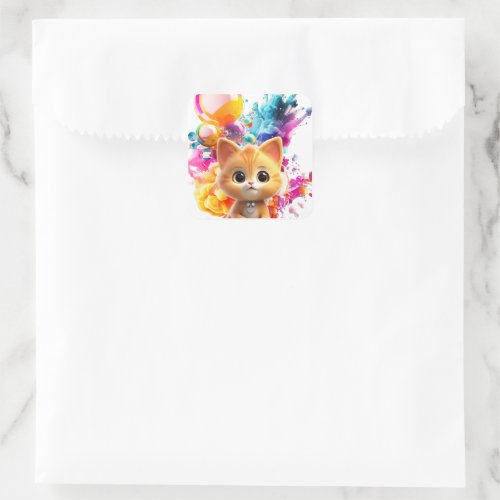 Cute Animal Characters Art 1 _kitten with Abstract Square Sticker