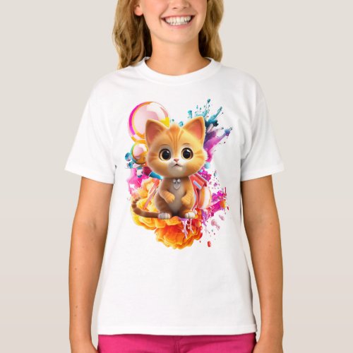 Cute Animal Characters Art 1 _kitten with Abstract T_Shirt