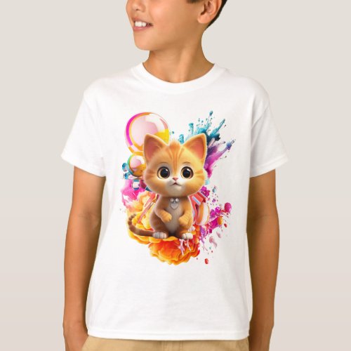Cute Animal Characters Art 1 _kitten with Abstract T_Shirt