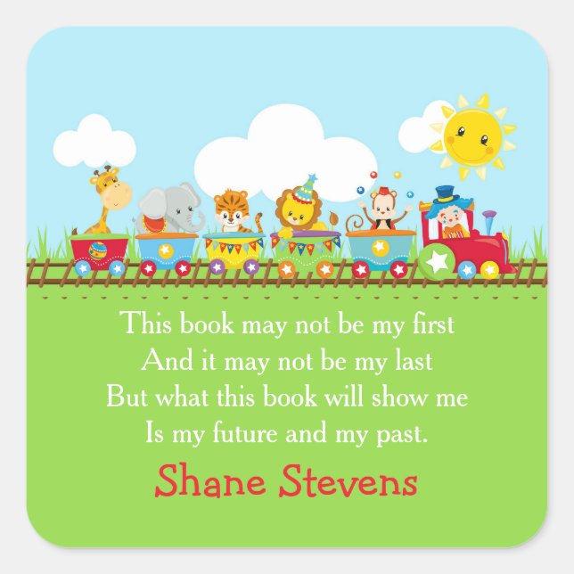 Cute Animal Circus Train in Red Bookplate Sticker (Front)