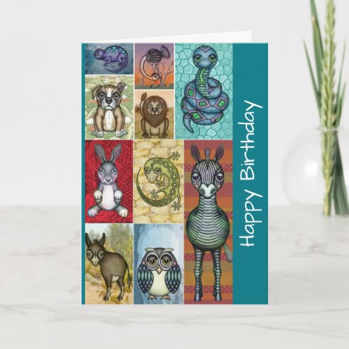 Cute Animal Collage Folk Art Design Birthday Card