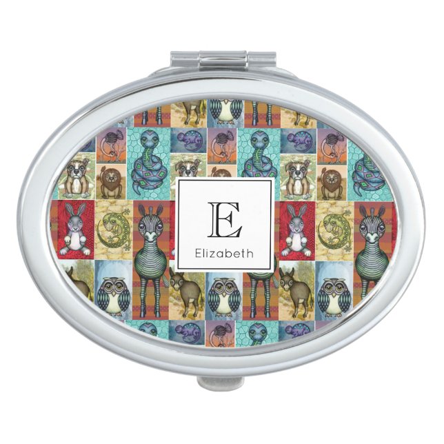 Cute Animal Collage Folk Art Design Monogram Compact Mirror (Front)