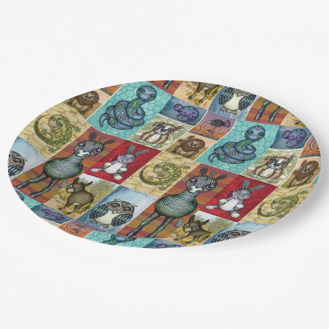 Cute Animal Collage Folk Art Design Paper Plates (Angled)