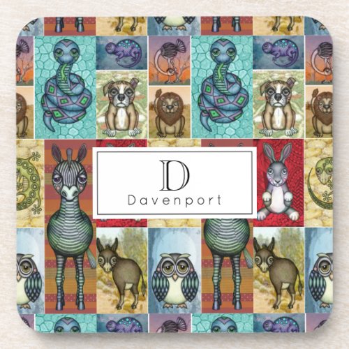 Cute Animal Collage Folk Art Design Personalized Beverage Coaster