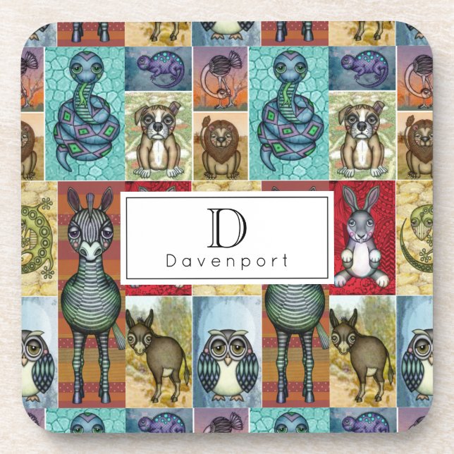 Cute Animal Collage Folk Art Design Personalized Beverage Coaster (Front)