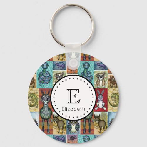 Cute Animal Collage Folk Art Design Personalized Keychain