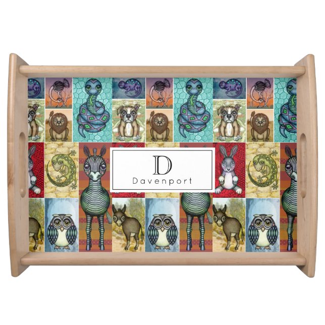 Cute Animal Collage Folk Art Design Personalized Serving Tray (Front)