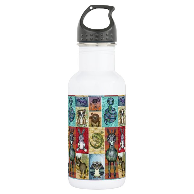 Cute Animal Collage Folk Art Design Stainless Steel Water Bottle (Front)