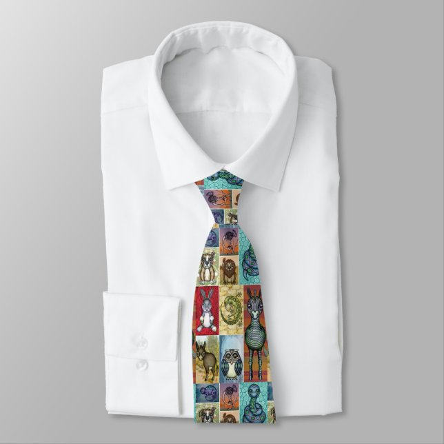 Cute Animal Collage Folk Art Design Tie (Tied)