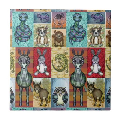 Cute Animal Collage Folk Art Design Tile