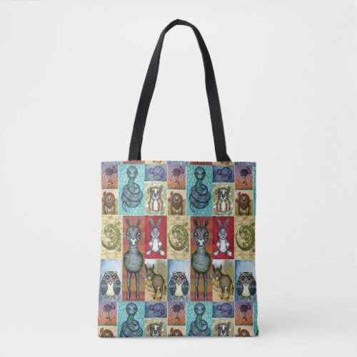 Cute Animal Collage Folk Art Design Tote Bag