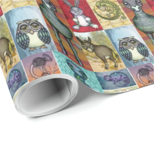 Cute Animal Collage Folk Art Design Wrapping Paper