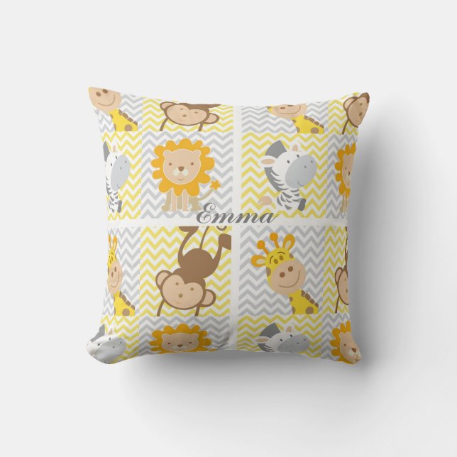 Cute Animal Colourful Chevron Personalised Nursery Throw Pillow (Front)
