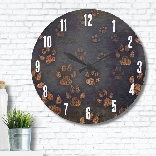Cute Animal Dark Rustic Paw Print Pattern Large Clock