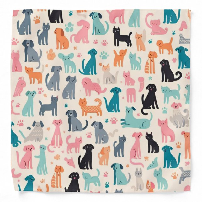 Cute Animal Designs Seamless Dog & Cat Pattern Bandana (Front)