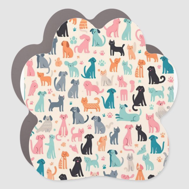 Cute Animal Designs Seamless Dog & Cat Pattern Car Magnet (Front)