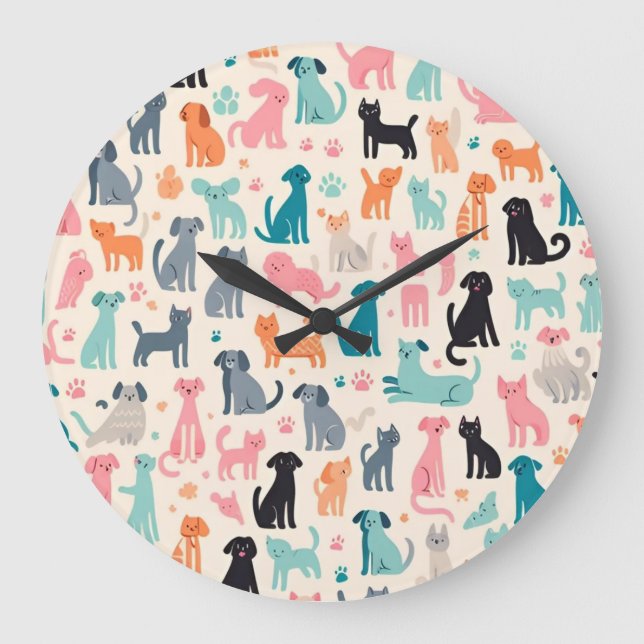 Cute Animal Designs Seamless Dog & Cat Pattern Large Clock (Front)