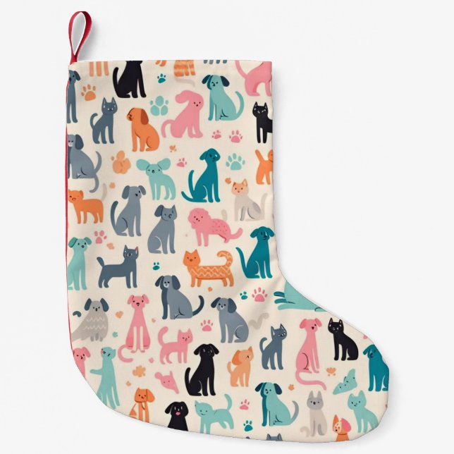 Cute Animal Designs Seamless Dog & Cat Pattern Small Christmas Stocking (Front)