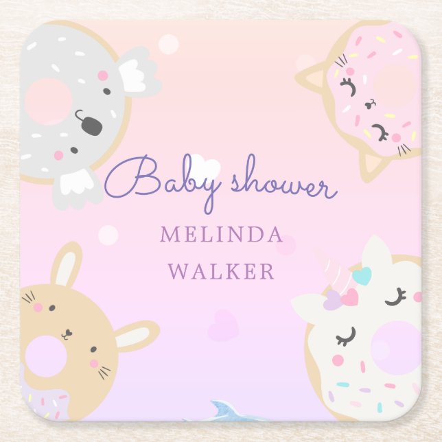 cute animal donuts monogram baby shower square paper coaster (Front)