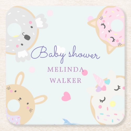 cute animal donuts monogram baby shower square paper coaster