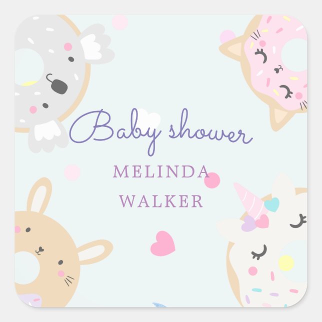 cute animal donuts monogram baby shower square sticker (Front)