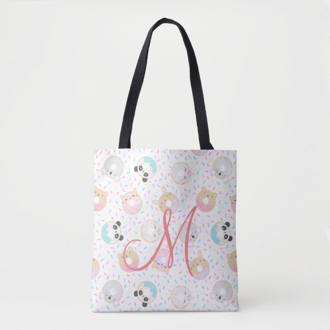 cute animal donuts monogram tote bag (Front)