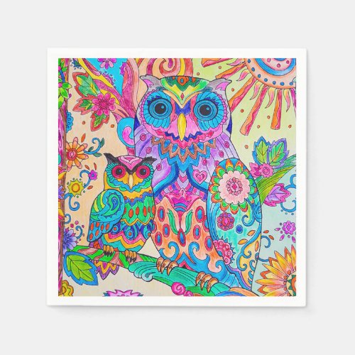 Cute Animal Doodle Owl Cartoon Bird Kids Birthday Napkins