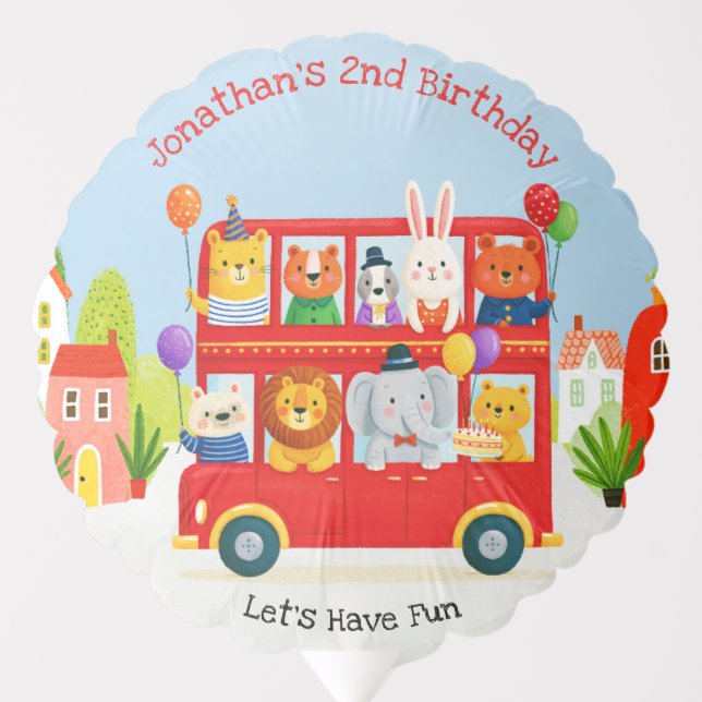 Cute Animal Double Decker Party Bus Birthday Balloon (Front)