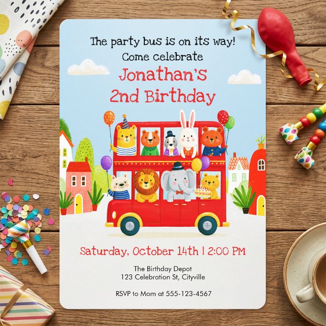 Cute Animal Double Decker Party Bus Birthday Invitation (Cute Animal Double Decker Party Bus 2nd Birthday Invitation)