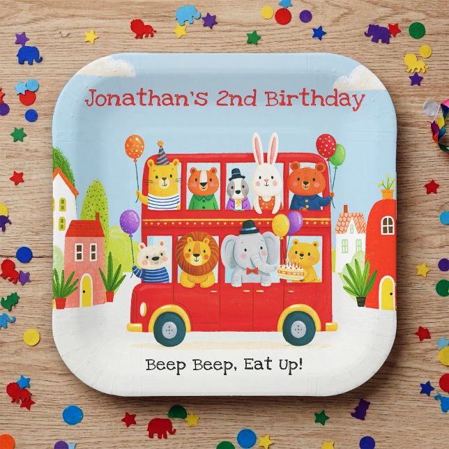 Cute Animal Double Decker Party Bus Birthday Paper Plates (Cute Animal Double Decker Party Bus 2nd Birthday Paper Plates)