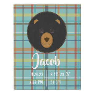 Cute Animal Face Keepsake Birth Stats Faux Canvas Print