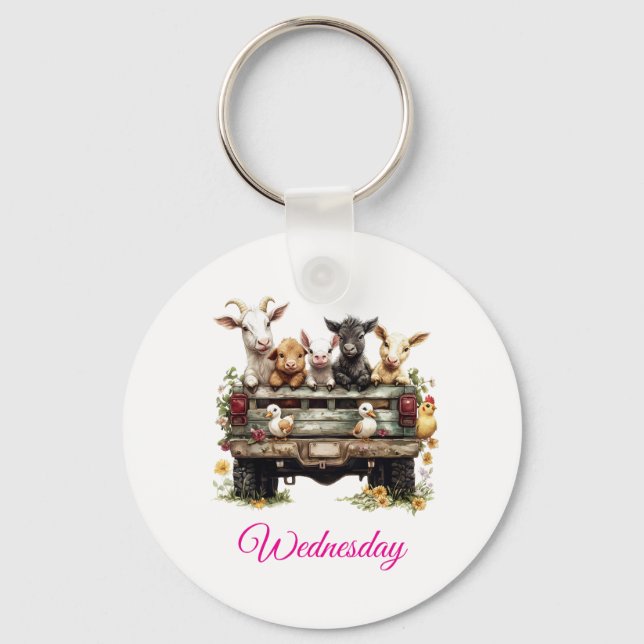 Cute Animal Farm On Round Button Keychain (Front)