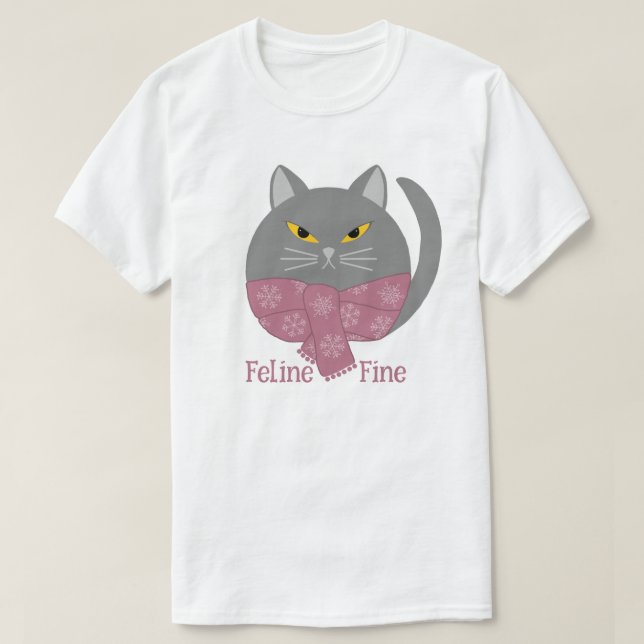 Cute Animal 'Feline Fine' Cat T-shirt (Design Front)