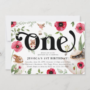 Cute Animal & Floral 'ONE' Tea Party 1st Birthday Invitation