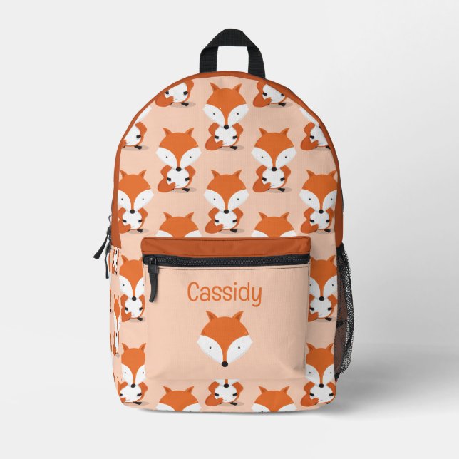 Cute Animal Fox Kids Name Printed Backpack (Front)