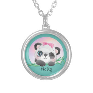 Cute Animal Friendly Panda Bamboo         Silver Plated Necklace